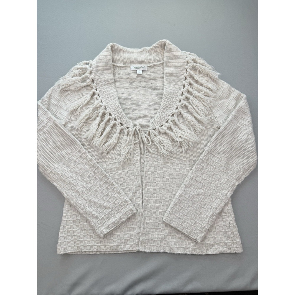 Coldwater Creek Cardigan Sweater Knit Beige Fringe Shawl Collar Size Medium M